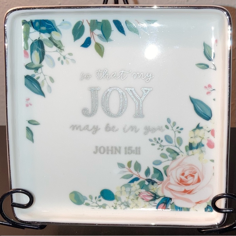 NIB Bible Verse Joy Summer Floral Ceramic Dish John 15 11 Faith Home Decor Sign